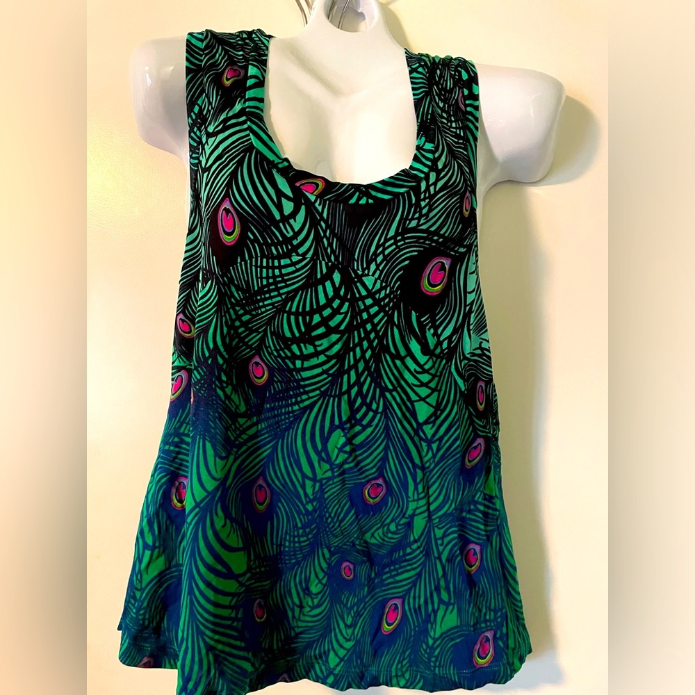 RARE aughts H&M / Mathew Williamson Peakcock Print Tank Green Multi (Medium)